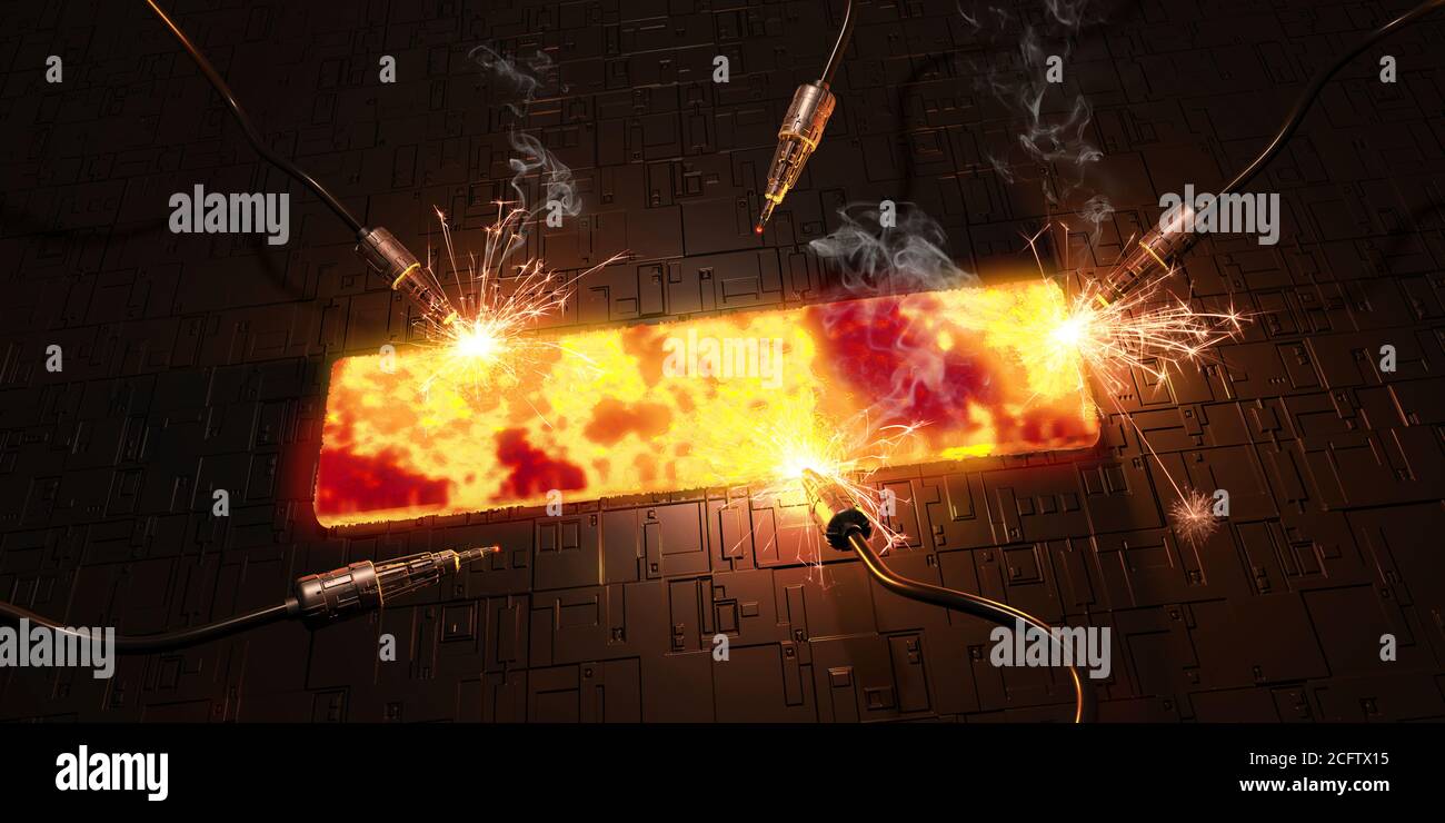 molten steel block carved by lasers 3D rendering Stock Photo