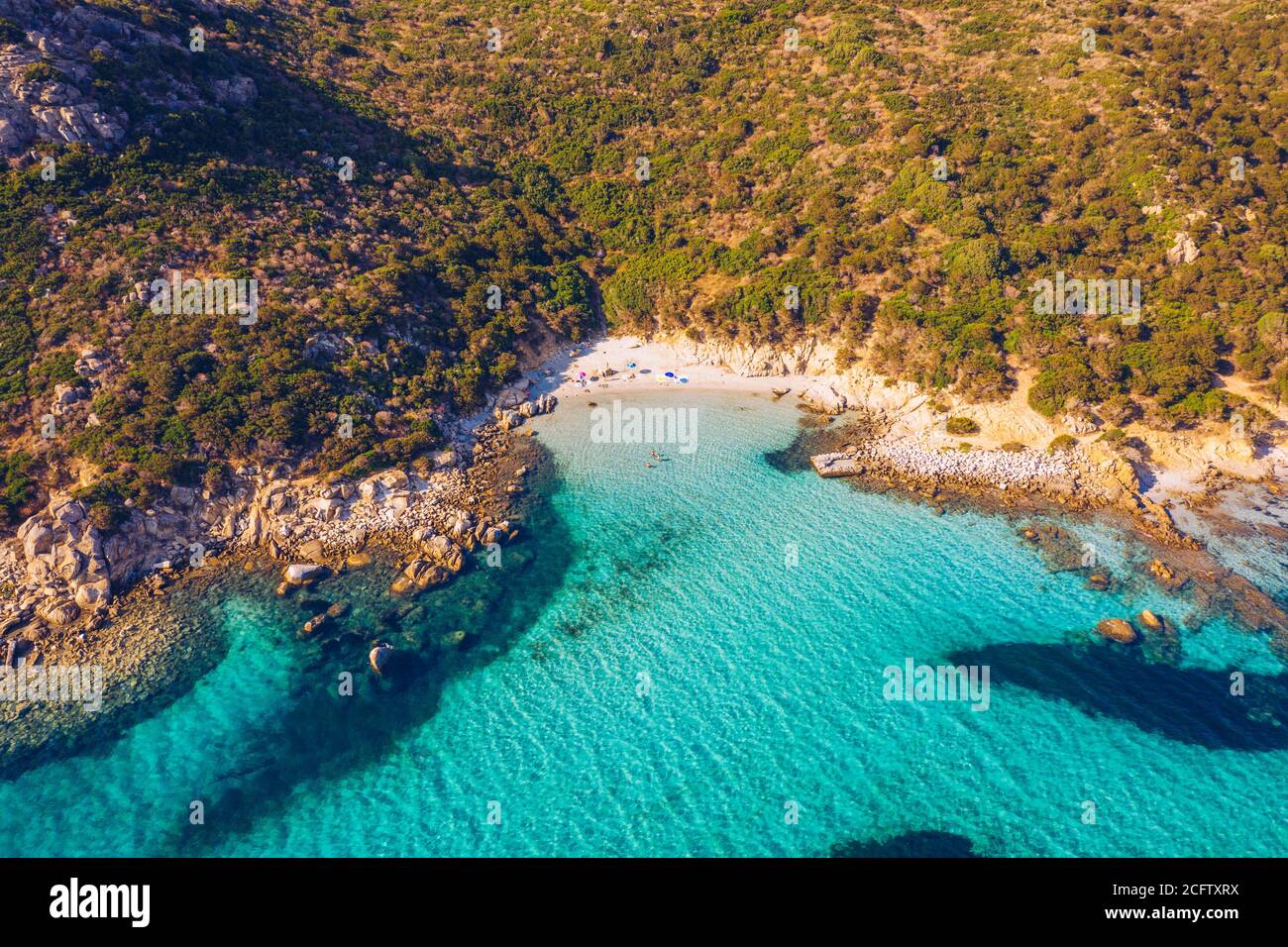 Panoramic view of sandy beach and sea with azure water, in Villasimius, Sardinia (Sardegna