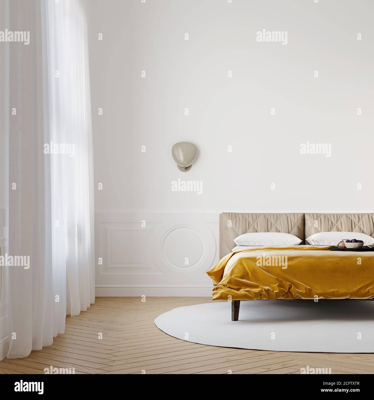 Brightly lit bedroom with vibrant gold color bedspread, mock-up with negative space, 3d render, 3d illustration Stock Photo