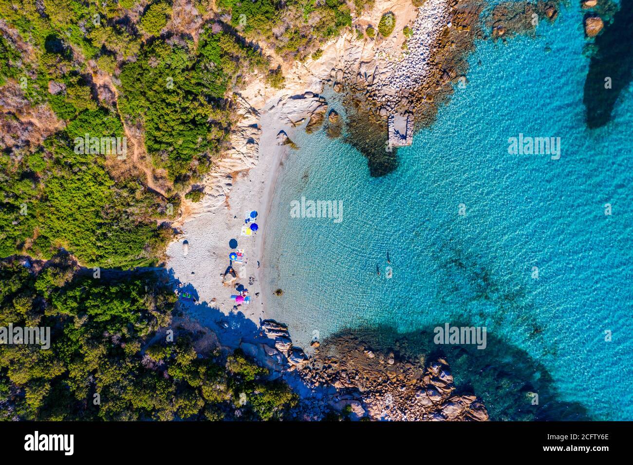 Panoramic view of sandy beach and sea with azure water, in Villasimius, Sardinia (Sardegna