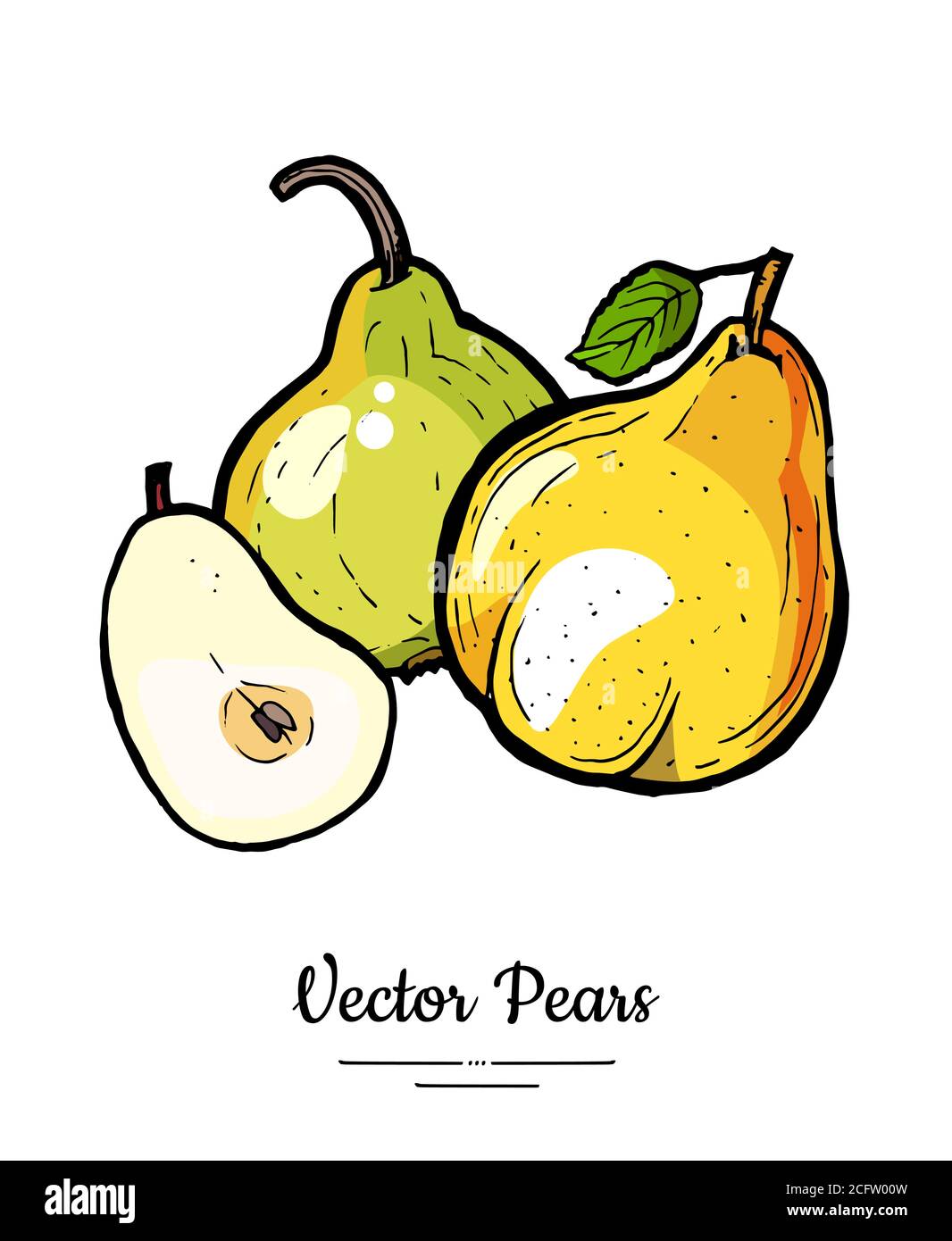 Pears fruits vector isolate. Green pear whole chopped half cut slice ...