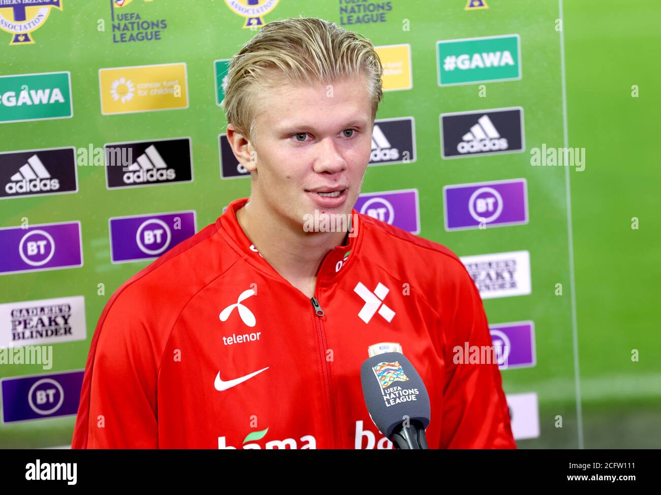 Norway's Erling Braut Haaland speaks to the press after the UEFA Nations League Group 1, League B match at Windsor Park, Belfast. Stock Photo