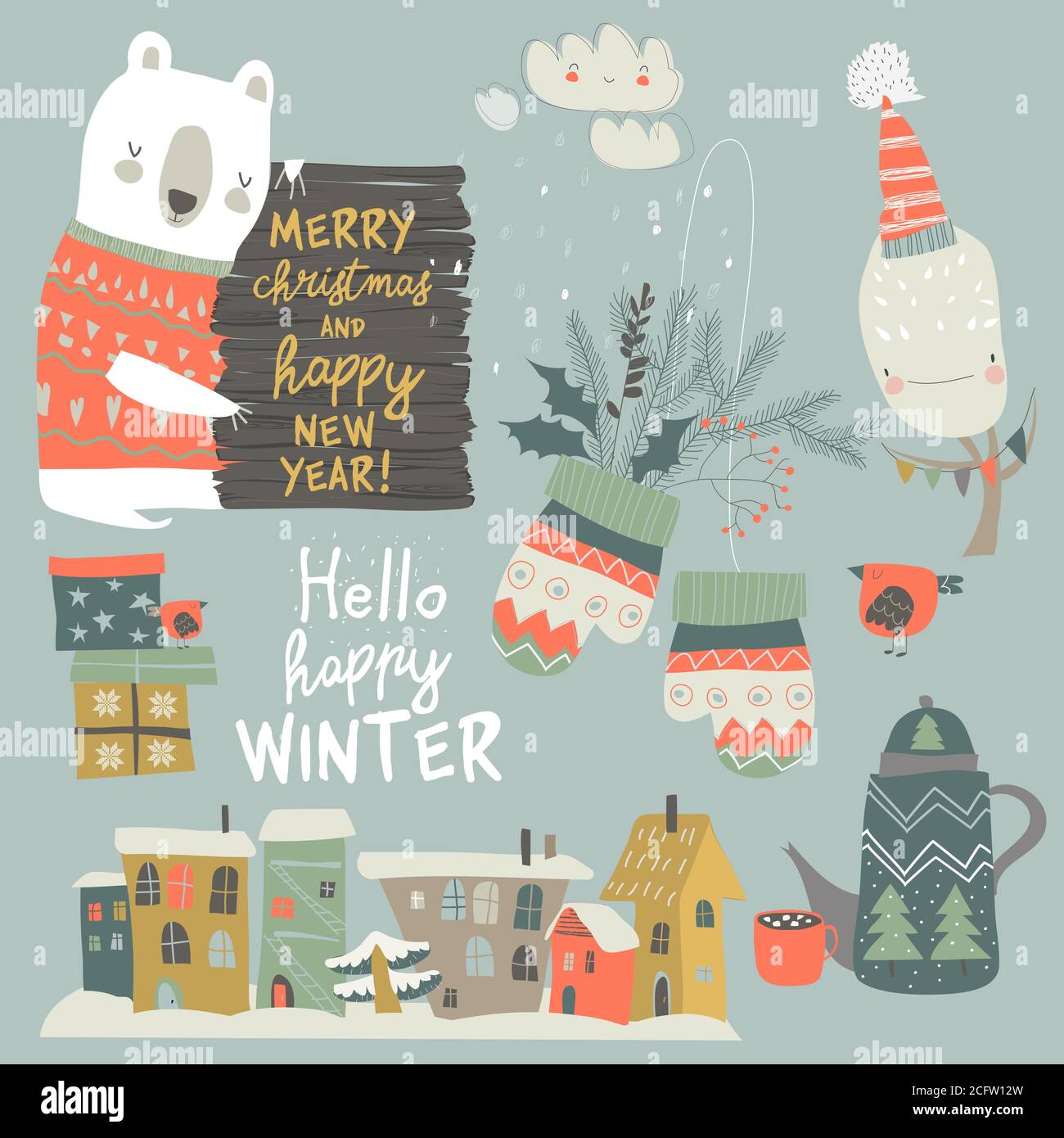 Cartoon set with animals and Christmas elements Stock Vector