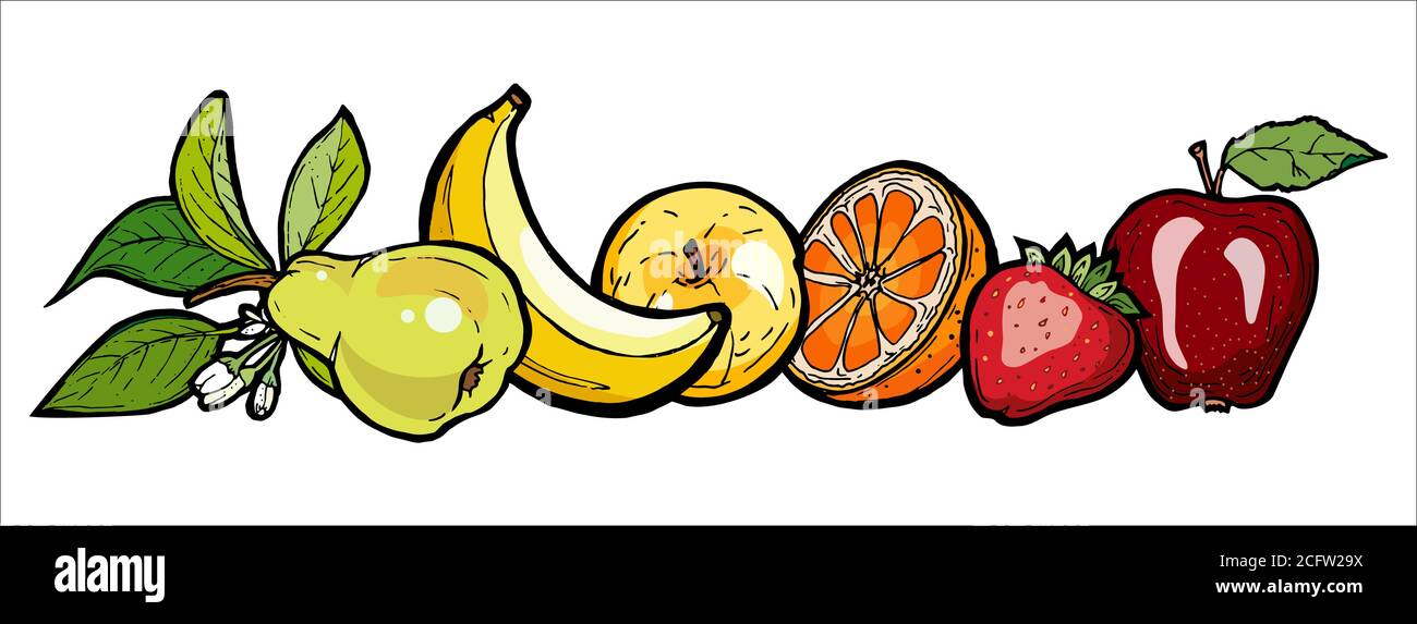 Rainbow fruits vector set isolated. Whole strawberry banana pear orange apple leaves. Fruits