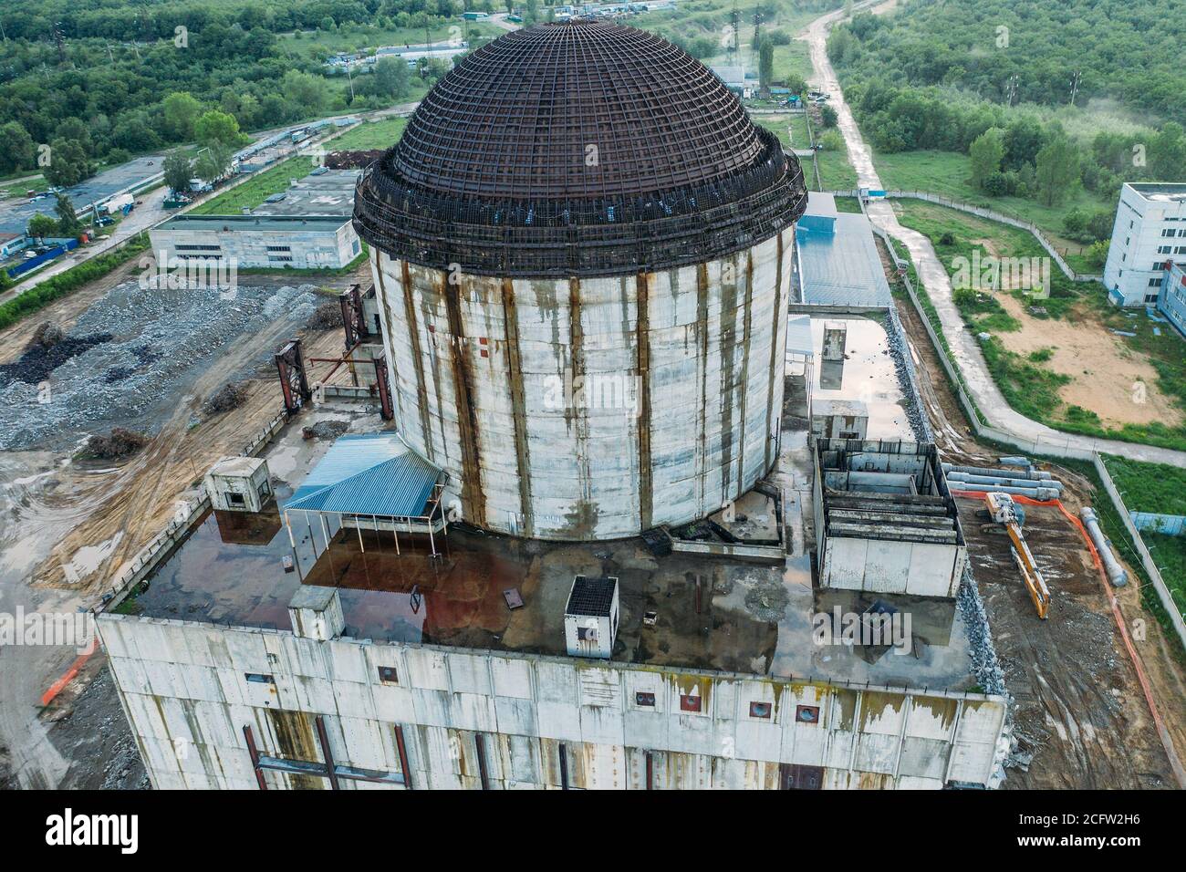 Old nuclear power plant waiting for demolition, aerial view. Stock Photo