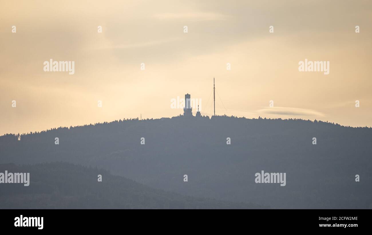 view on taunus feldberg with tower at sunset, frankfurt, germany Stock Photo