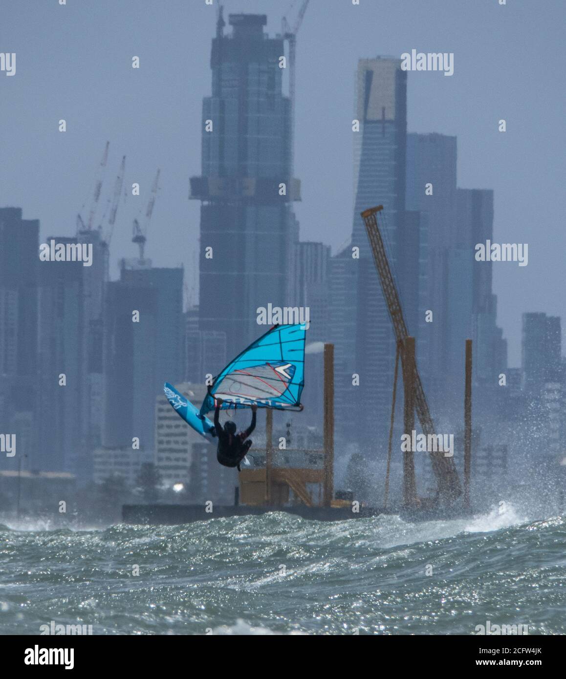 Melbourne Australia. Scenes of daily life in Melbourne Australia . Windsurfing on Port Phillip Bay. Stock Photo