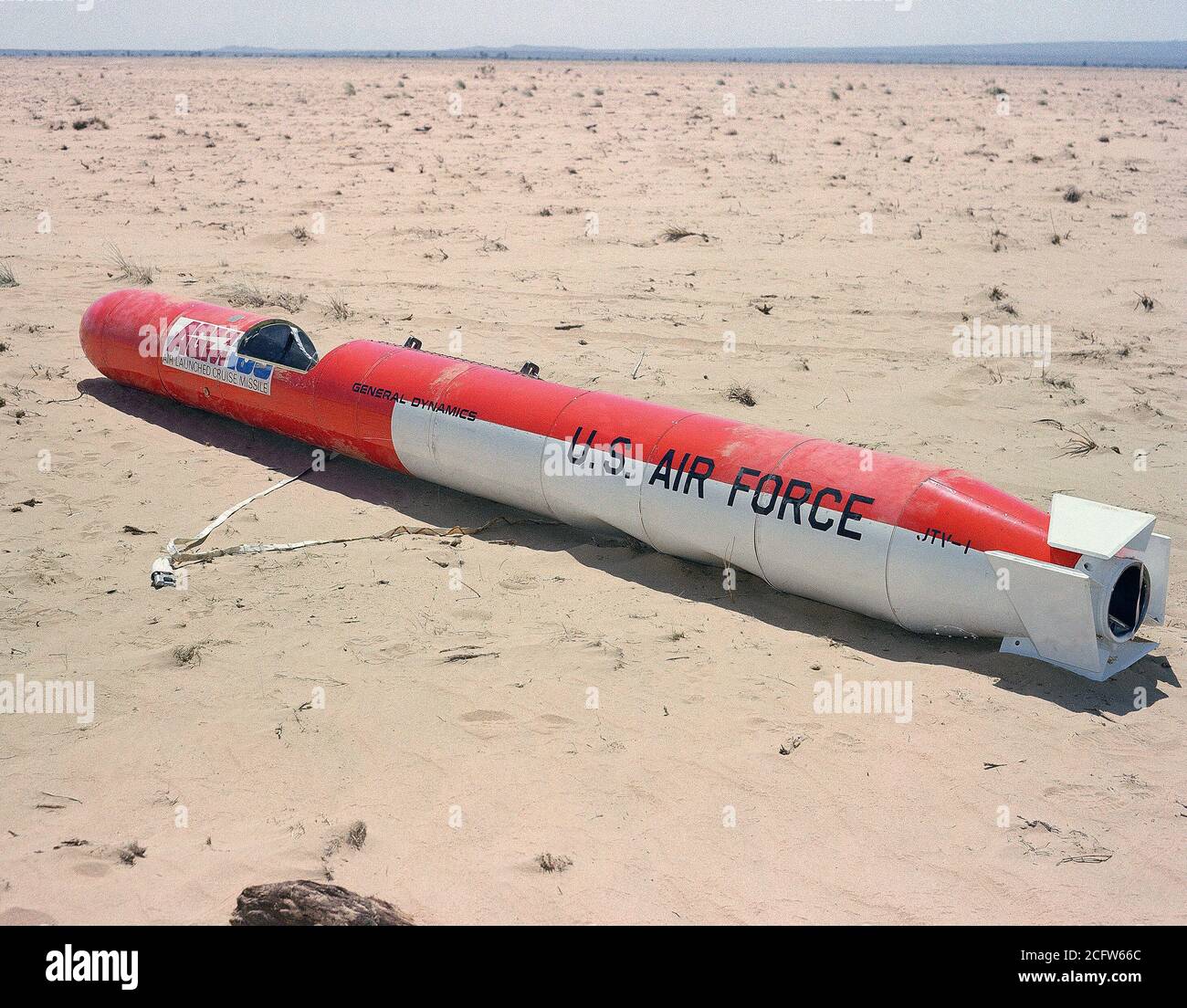 1979 - A rear view of an AGM-109 Tomahawk air-launched cruise missile on the ground after the impact. Stock Photo