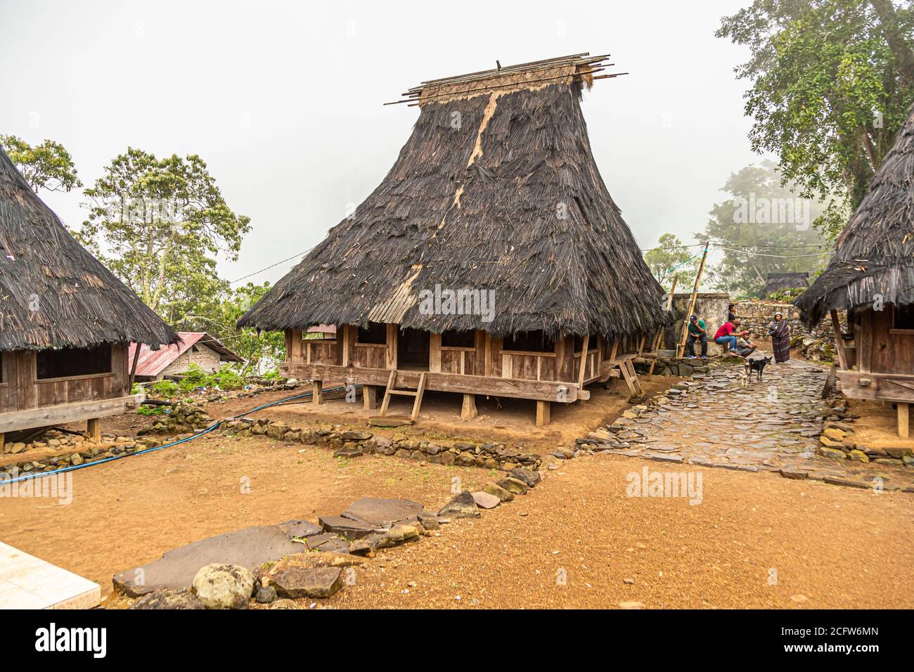 A stone-paved path leads between thatched-roof houses in a mountain village near Moni, Flores, Indonesia. Stock Photo