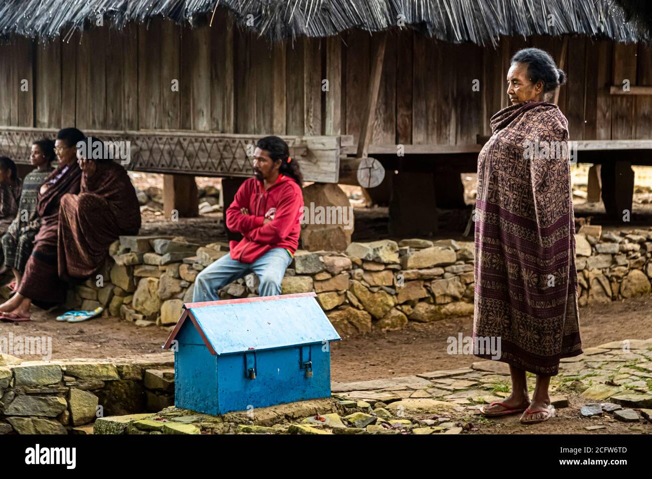 A woman in ikat clothing stands in the village of Wologai, Flores, Indonesia, next to a blue-painted, padlocked wooden box that serves as the ceremonial ancestral betel nut box. Other village women sit beneath the stilt lumbung storage house in the background. Stock Photo