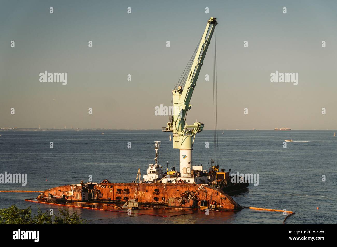 The wreck of tanker Delfi on Odessa beach. Ecological disaster, oil