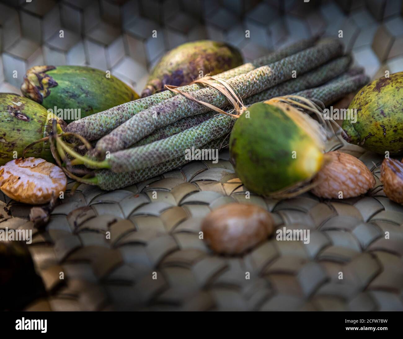 Betel bites consist of betel nuts, slaked lime, and various spices. Fire and Dragons Cruise of the True North, Sunda Islands, Indonesia Stock Photo