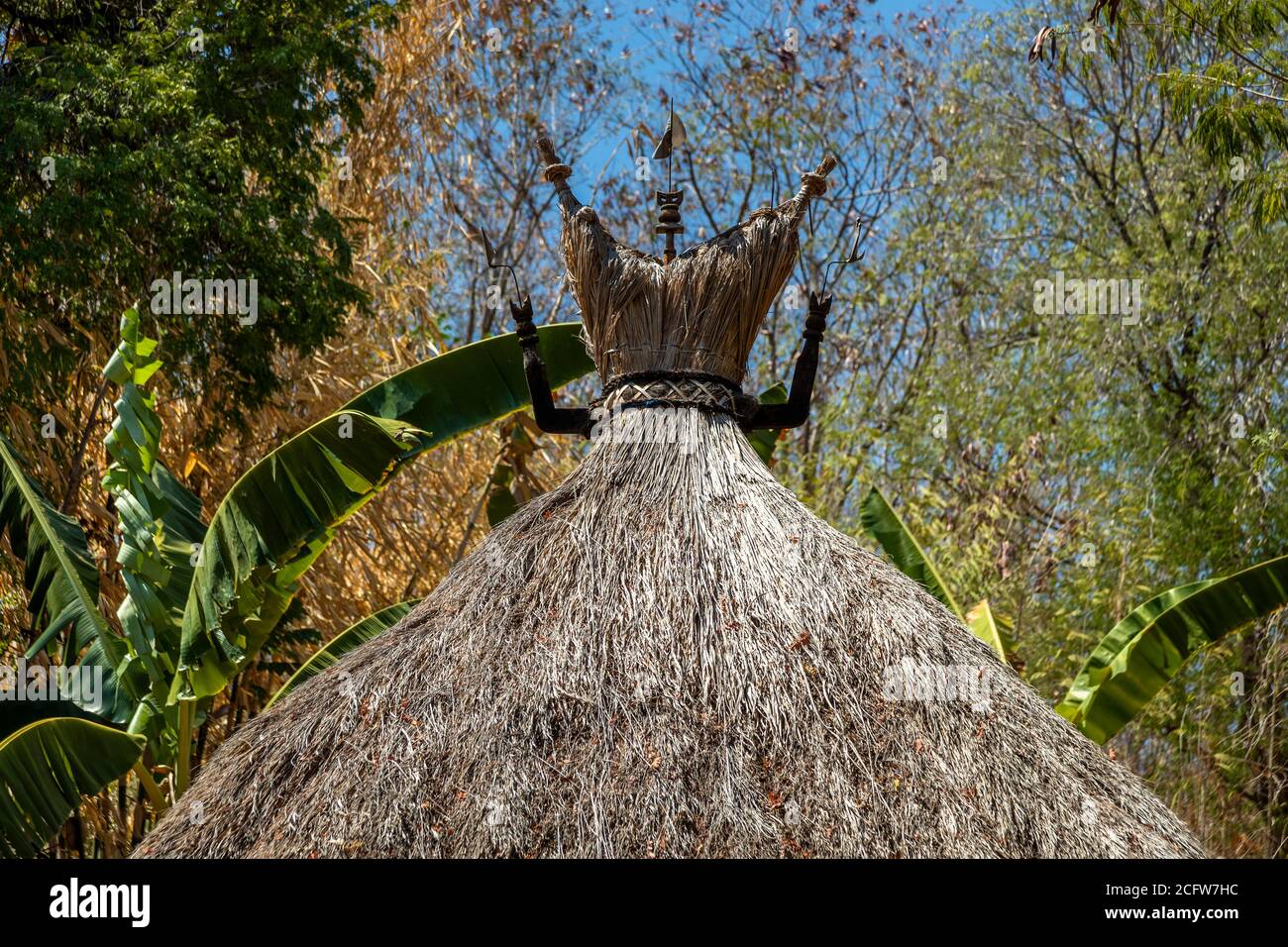 A carved wooden finial crowns the thatched roof of a traditional lumbung house in the village of Takpala, Alor, Indonesia, surrounded by banana leaves. Stock Photo