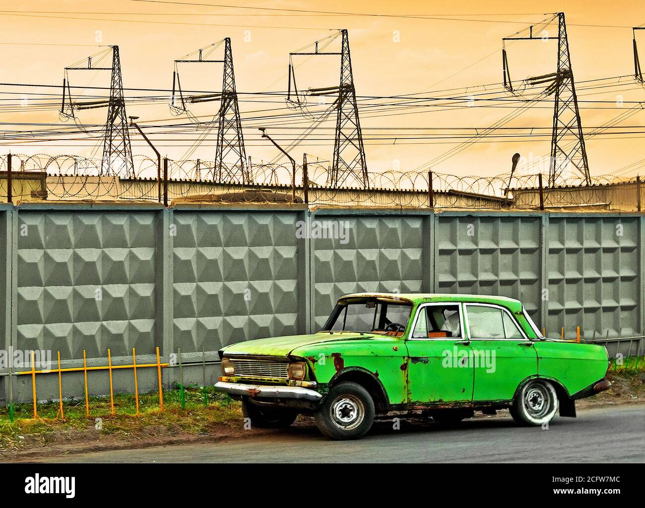 industrial view with an oldtimer car Stock Photo