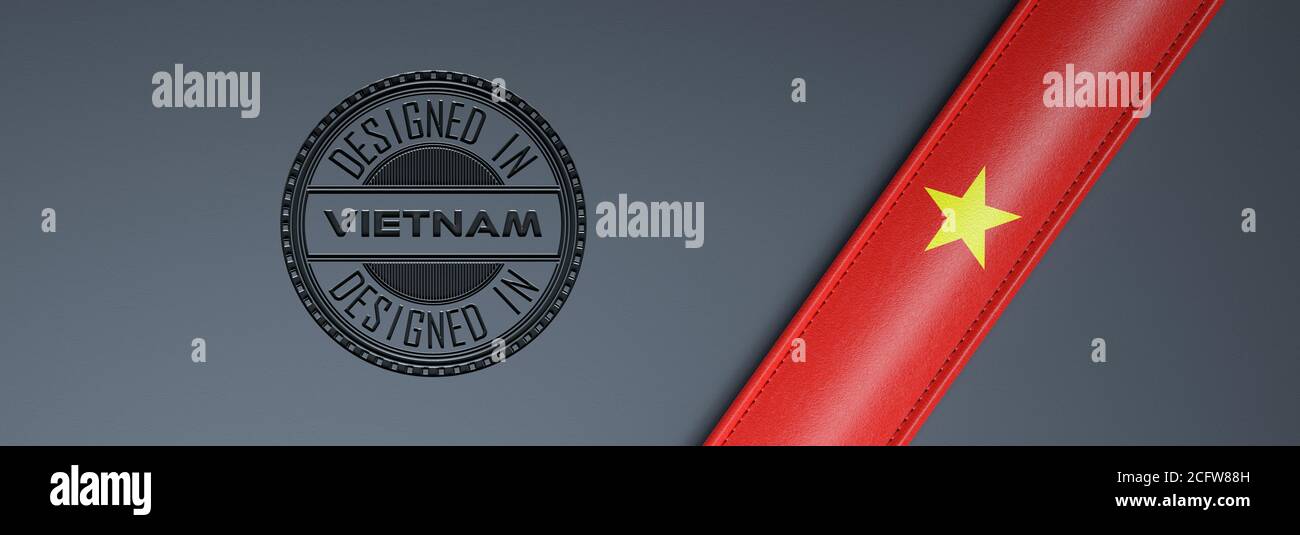 Designed in Vietnam stamp & Vietnamese flag. Stock Photo