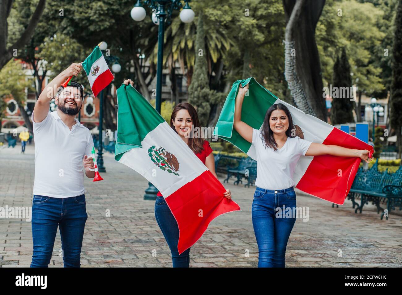 Mexican people with flag in mexican independence day in Mexico Stock Photo