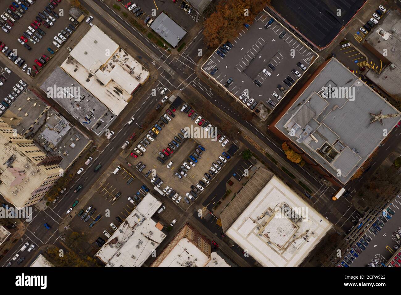 Busy downtown urban view from above by drone Stock Photo