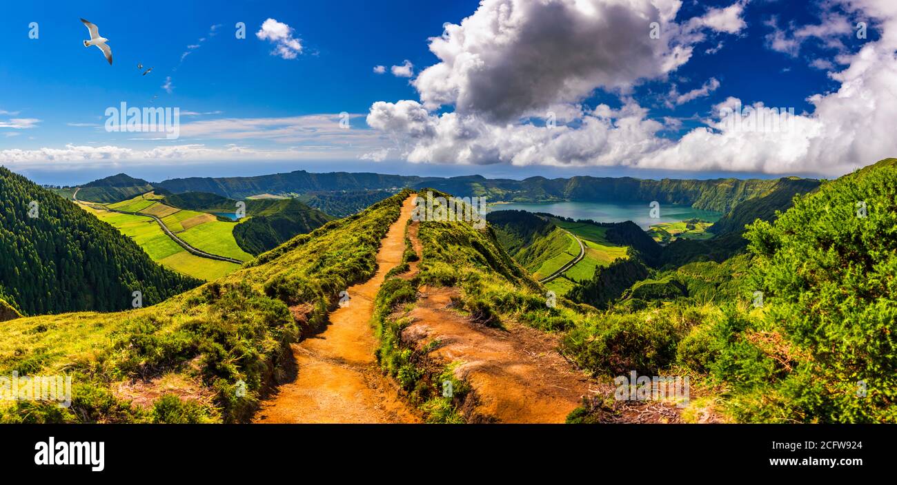 View of Sete Cidades near Miradouro da Grota do Inferno viewpoint, Sao Miguel Island, Azores View of Sete Cidades near Miradouro da Grota do Inferno viewpoint, Sao Miguel Island, Azores