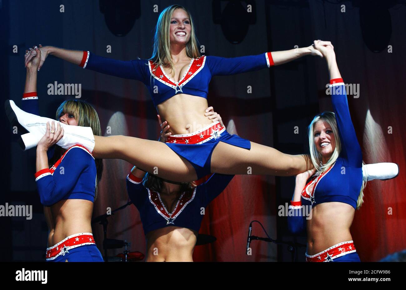 2004 - Cheerleaders from the New England Patriots professional football team perform during an Operation Seasons Greetings concert at Hangar 814 at Royal Air Force Mildenhall, England on Dec.14, 2004. Stock Photo