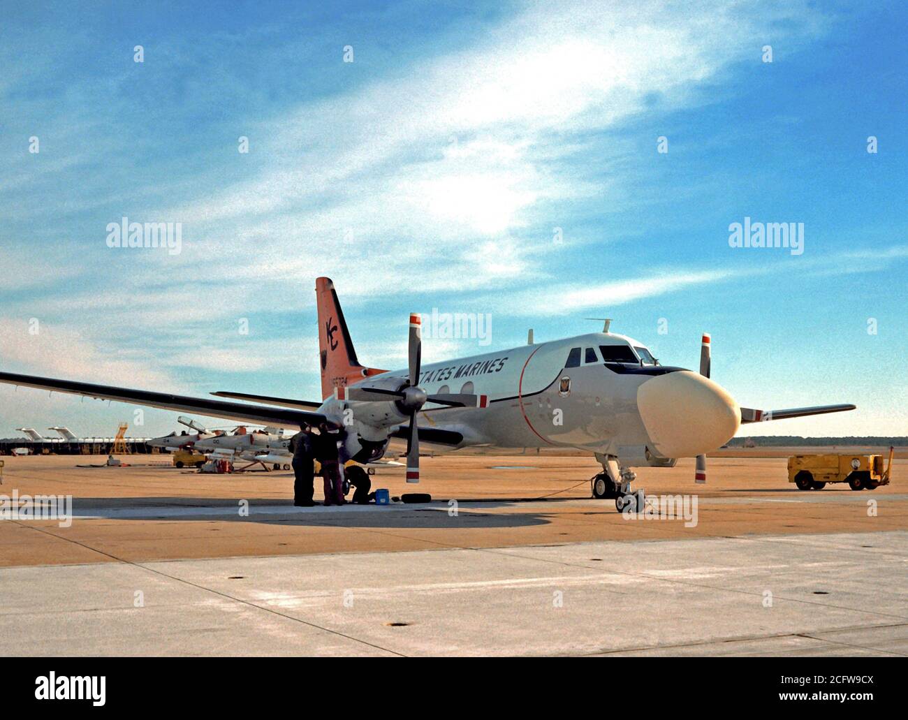 1978 - Right front view of a Marine TC-4C, classroom aircraft, used to train bombadiers and navigators for the A-6A Intruder aircraft.  The TC-4C is sitting on the flight line and is attached to Marine All-Weather Attack Squadron (Training) 202. Stock Photo