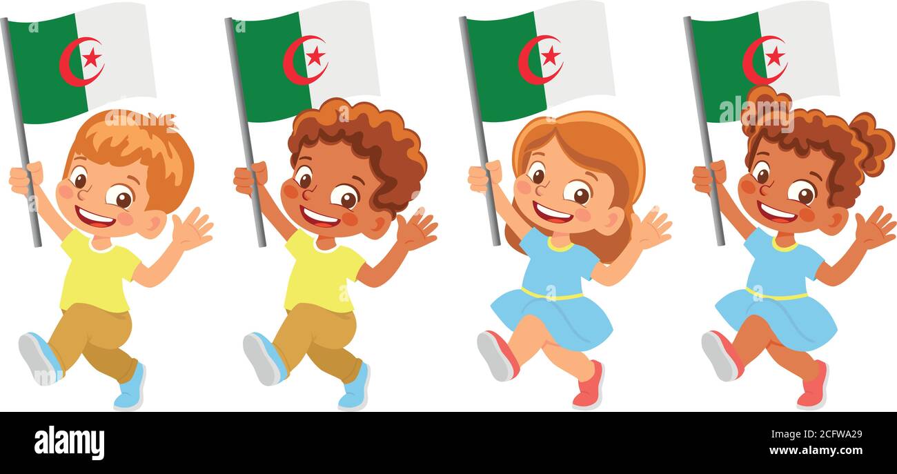 Algeria flag in hand. Children holding flag. National flag of Algeria vector Stock Vector