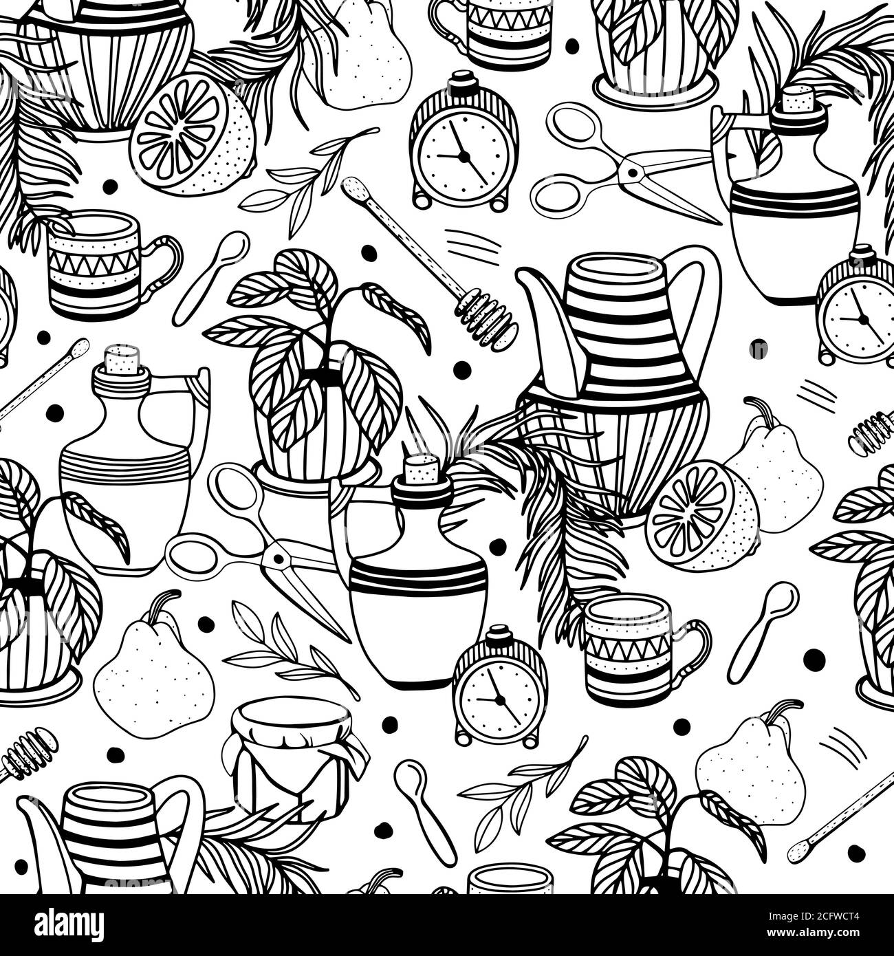 pattern with fruit, mug, jug, honey, home plant Stock Vector