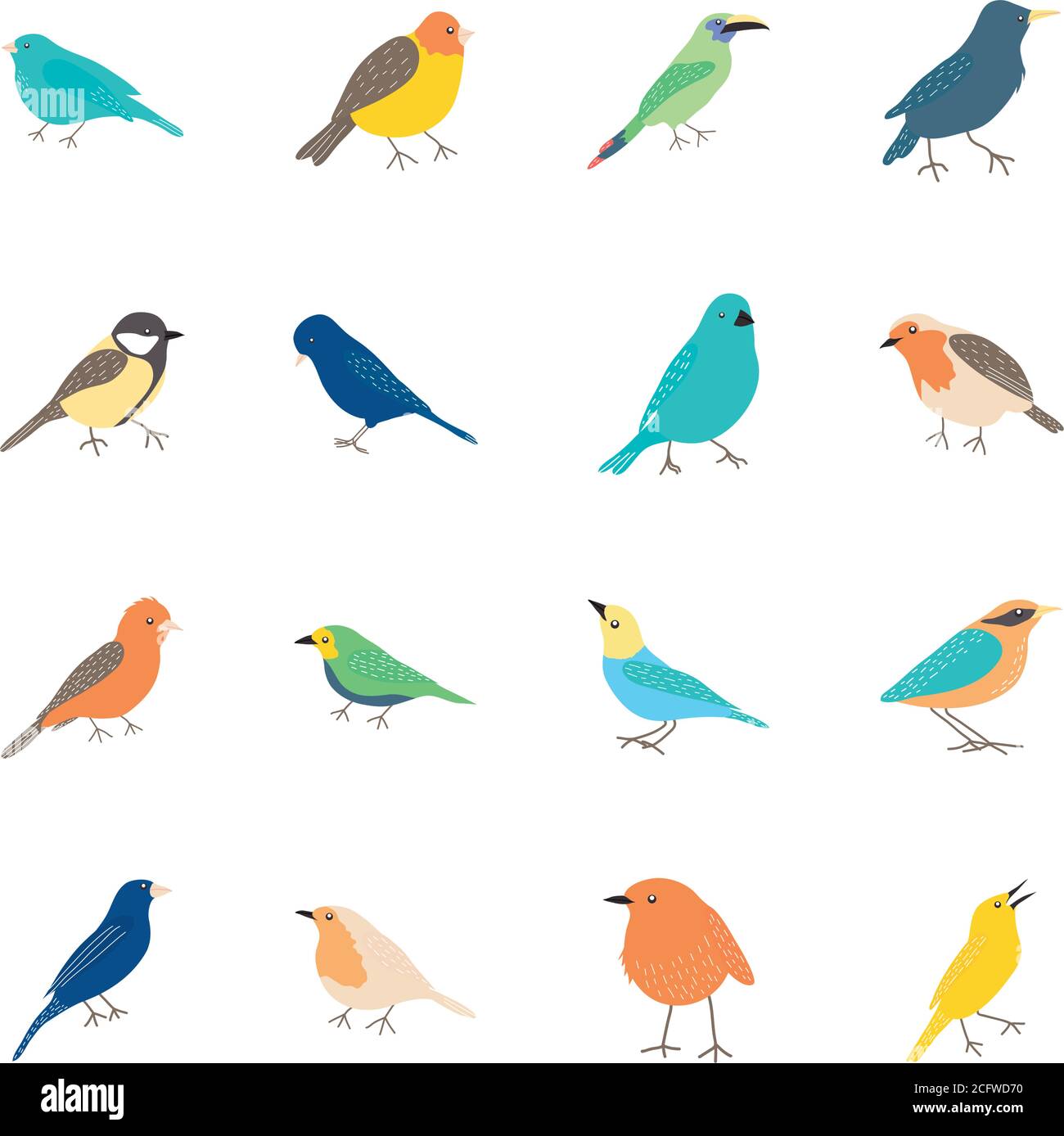 icon set of cartoon birds over white background, flat style, vector illustration Stock Vector