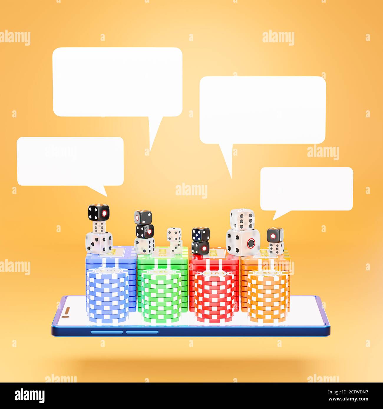 The dice and gambling stacking on the blue mobile phone screen and a blank white text box on an orange background. The concept of online casino gambli Stock Photo