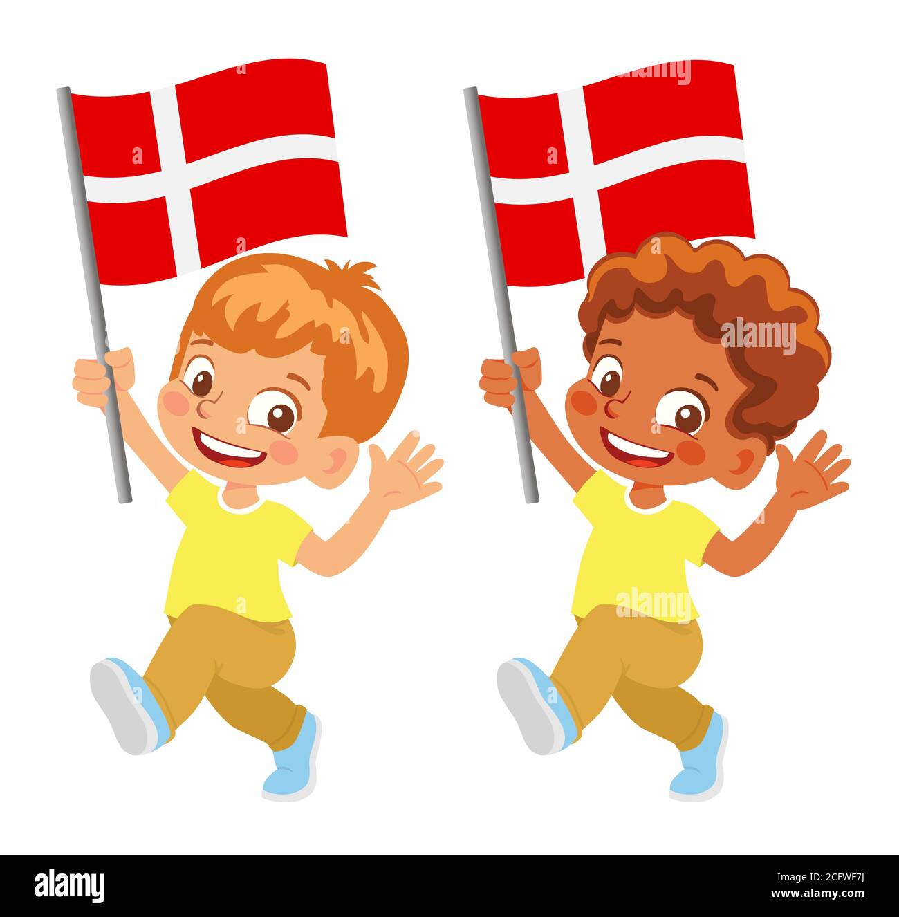 Denmark flag in hand. Children holding flag. National flag of Denmark Stock Photo