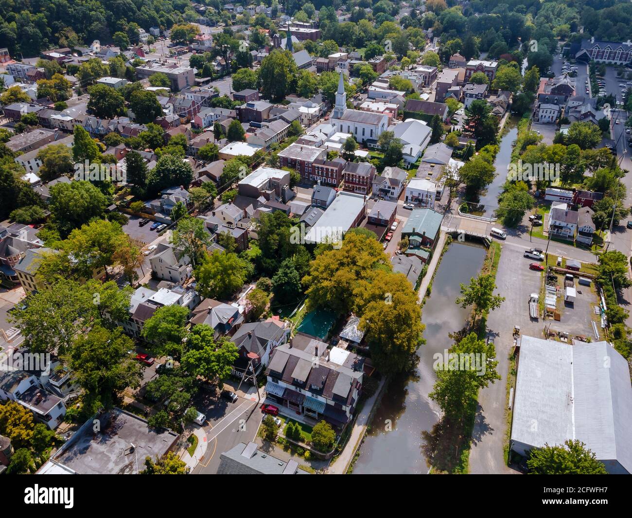 Scenic seasonal landscape from above aerial view of a small town ...