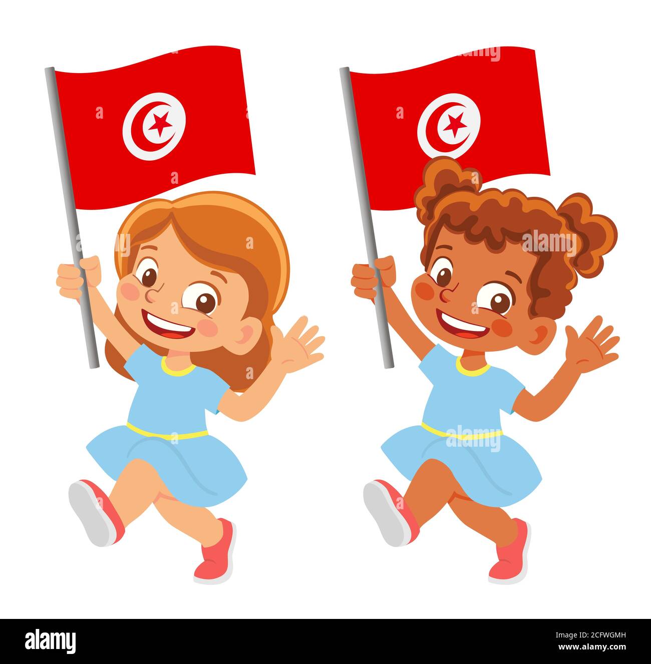 Tunisia flag in hand. Children holding flag. National flag of Tunisia Stock Photo