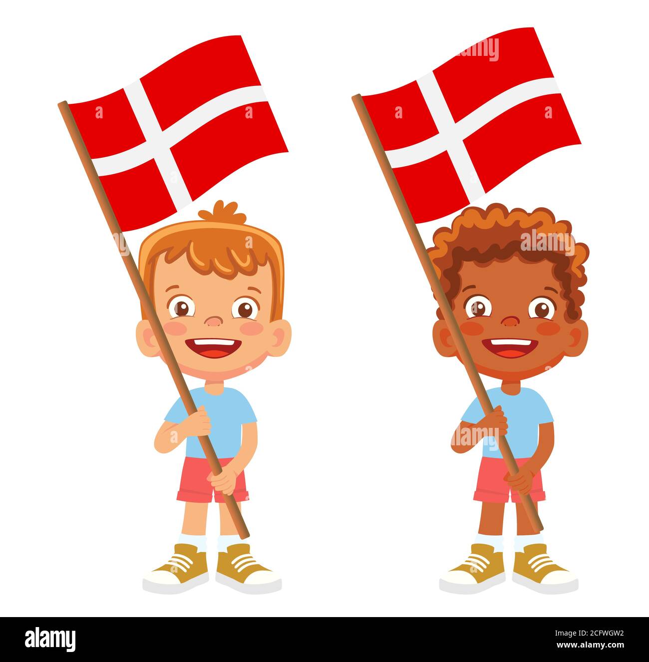 Denmark flag in hand. Children holding flag. National flag of Denmark Stock Photo