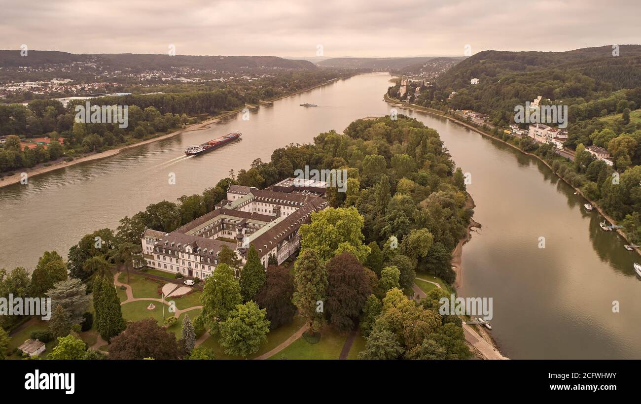 Remagen, Germany. 27th Aug, 2020. The Gymnasium Nonnenwerth, a private  school, is located on an island in the Rhine (aerial view with a drone)  About eight percent of the approximately 522,000 students