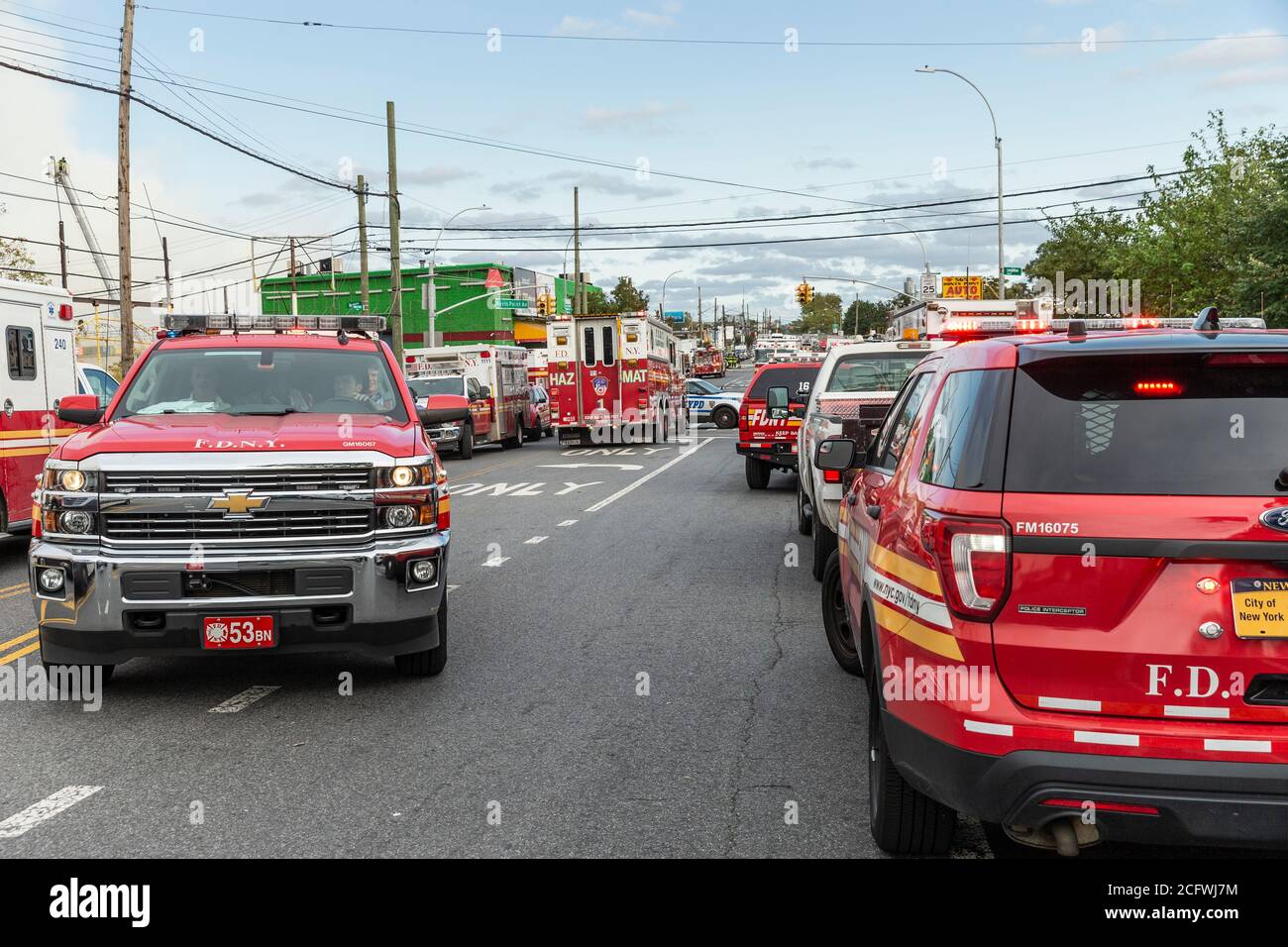 New York, NY September 7, 2020 Firefighters battle massive salvage