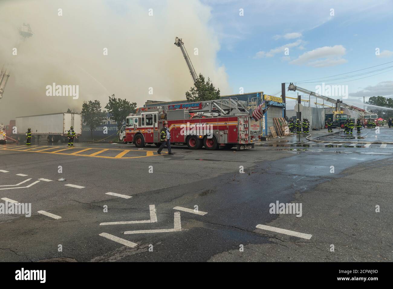 New York, NY September 7, 2020 Firefighters battle massive salvage