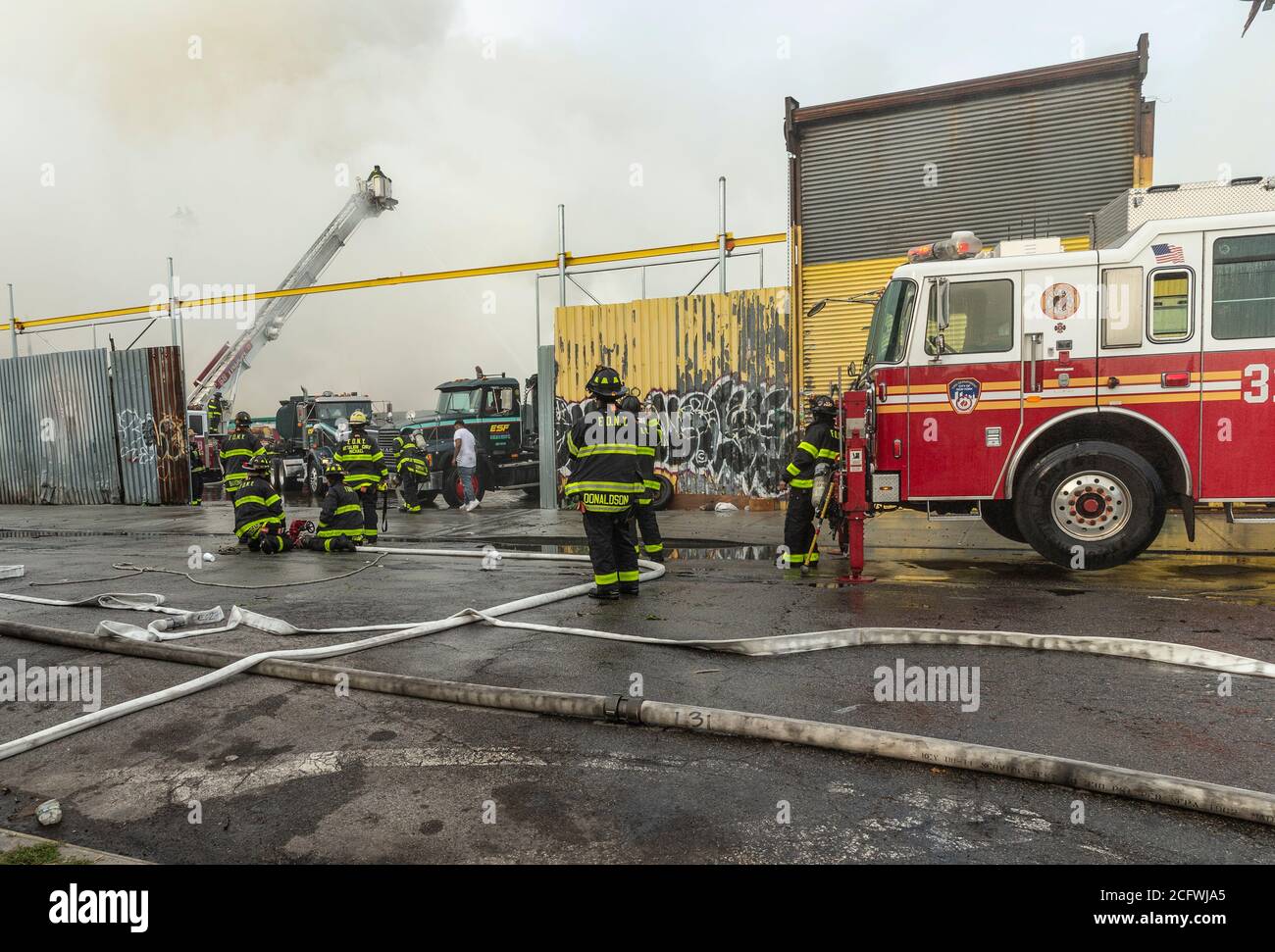 New York, NY September 7, 2020 Firefighters battle massive salvage