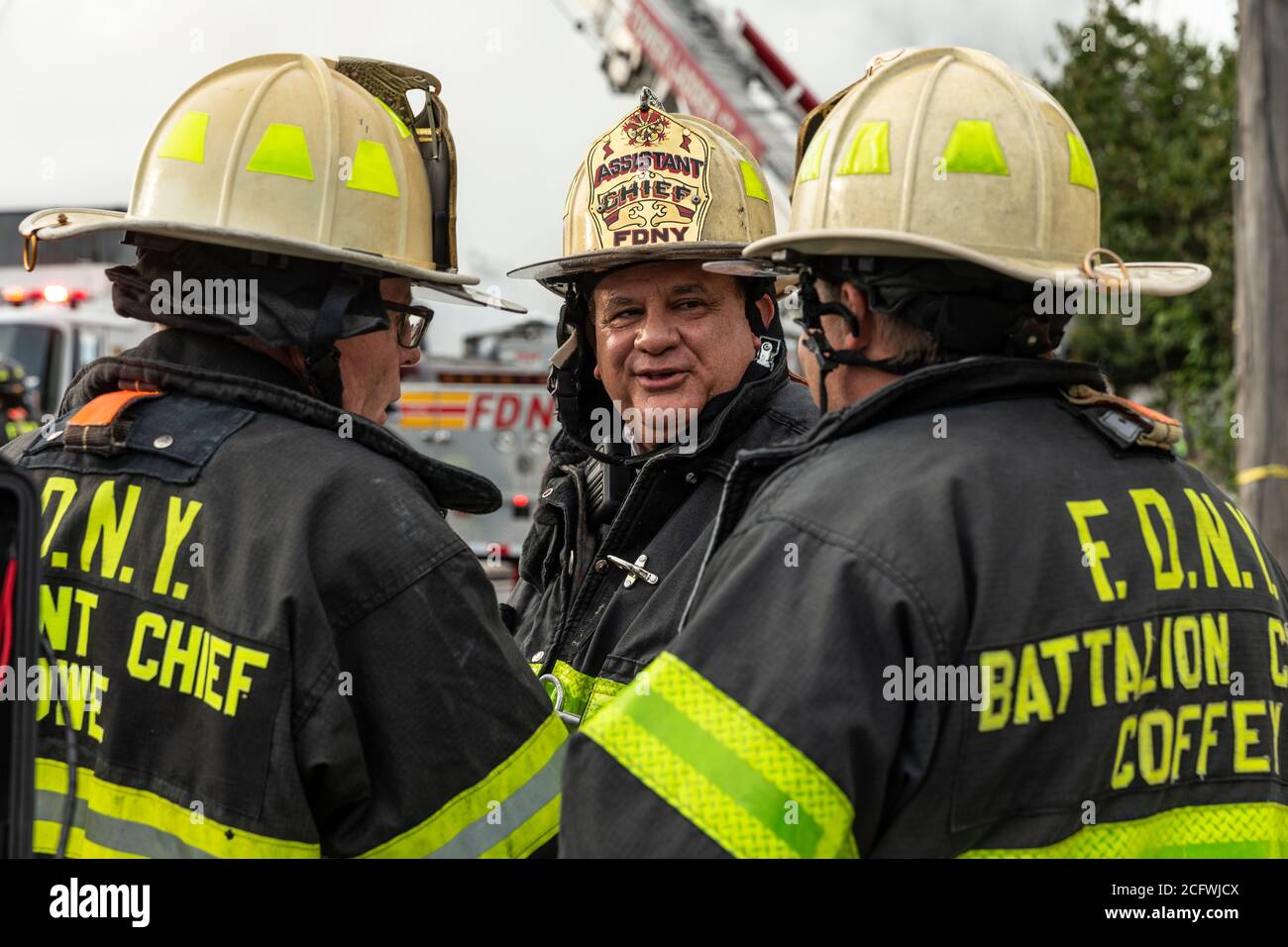 New York, NY - September 7, 2020: Bureau of Operations Assistant Chief Richard Blatus seen where firefighters battle massive salvage yard 4 alarm fire in the Bronx Hunts Point section Stock Photo