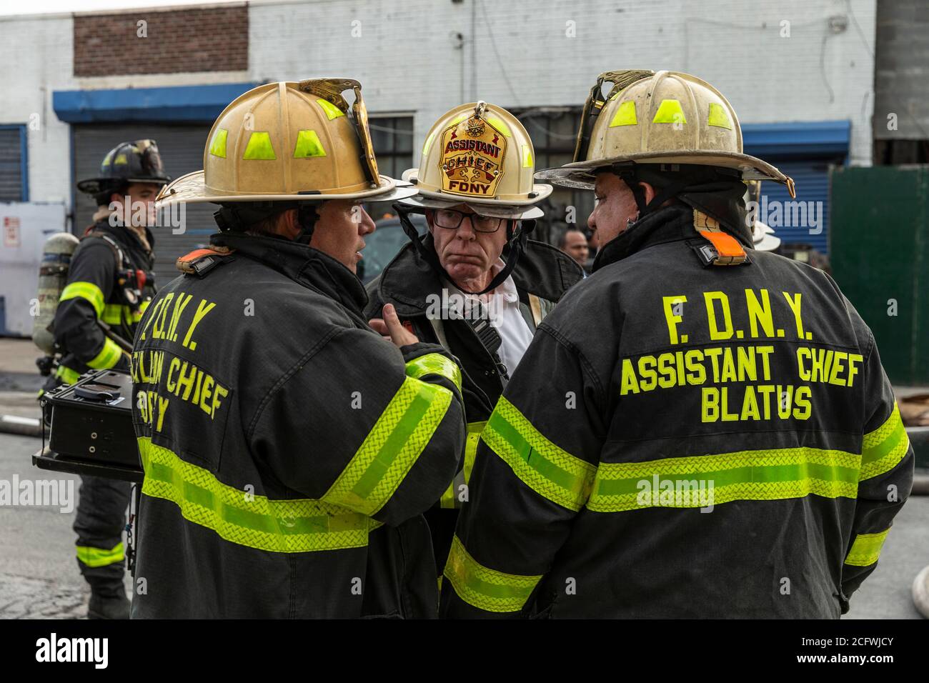 New York, NY - September 7, 2020: Assistant Chief Howy seen where firefighters battle massive salvage yard 4 alarm fire in the Bronx Hunts Point section Stock Photo