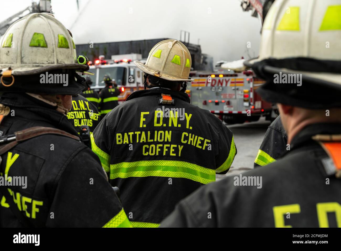 New York, NY September 7, 2020 Firefighters battle massive salvage