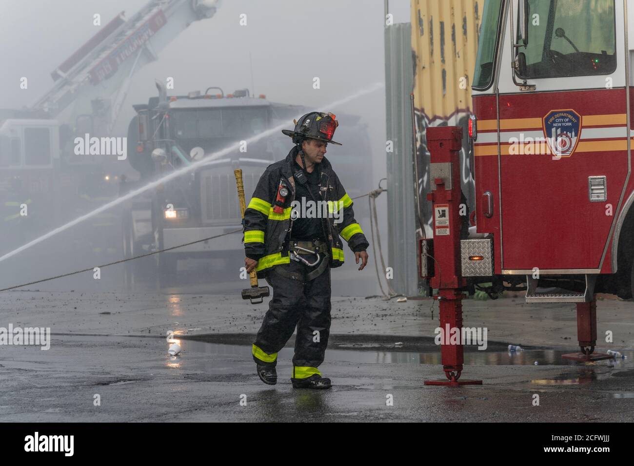 New York, NY September 7, 2020 Firefighters battle massive salvage