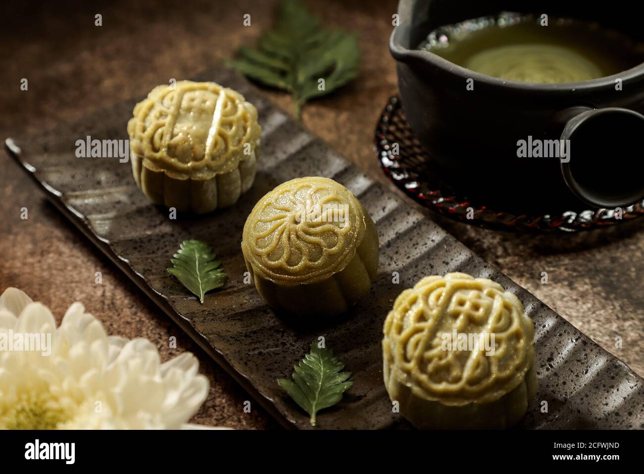 Snowskin or Crystal Skin Mooncake. The new variation of mooncake for Mid-Autumn Festival. Stock Photo