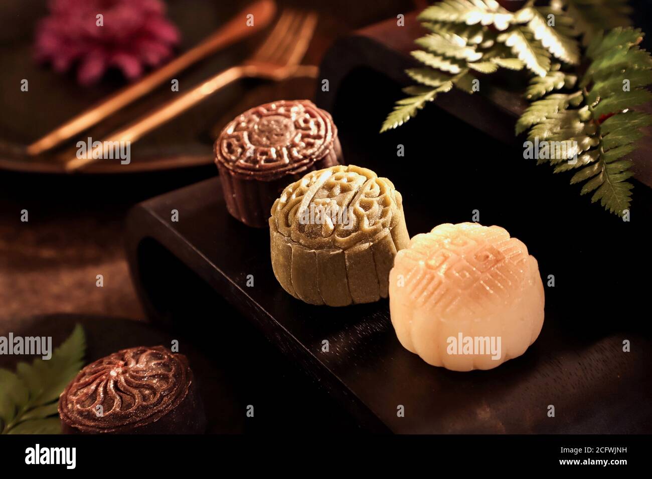 Snowskin or Crystal Skin Mooncake. The new variation of mooncake for Mid-Autumn Festival. Stock Photo