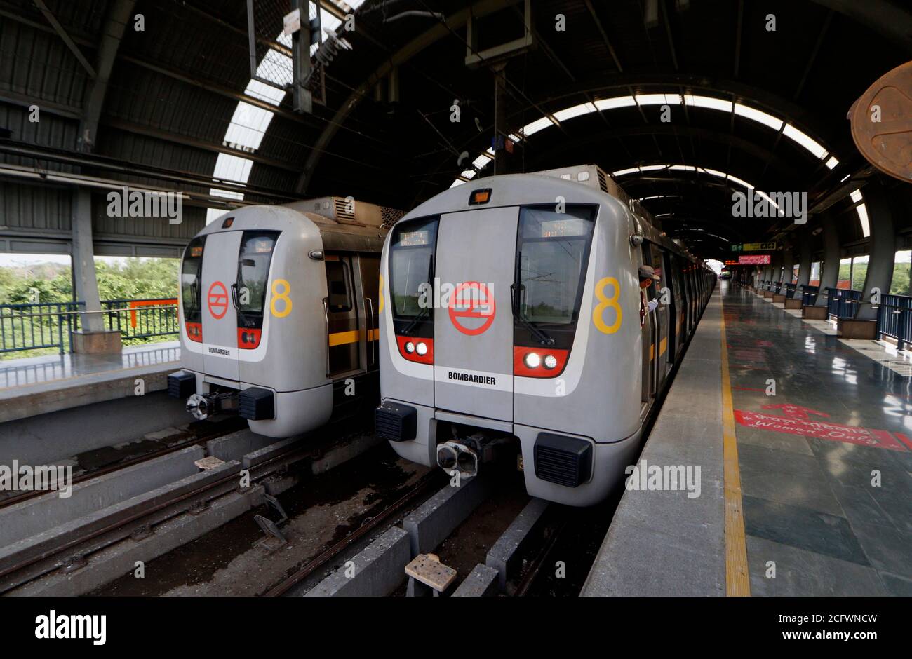 New Delhi, India. 07th Sep, 2020. A Delhi Metro is seen taking passengers between Samaypur Badli and Huda City Centre on the first day of its reopening after 5 months lockdown due to Covid-19.On the first day, the yellow line between HUDA City Centre and Samaypur Badli, will run from 7 to 11 am, and 4 to 8 pm in the 2nd phase. The metro will resume full services from September 12. Credit: SOPA Images Limited/Alamy Live News Stock Photo
