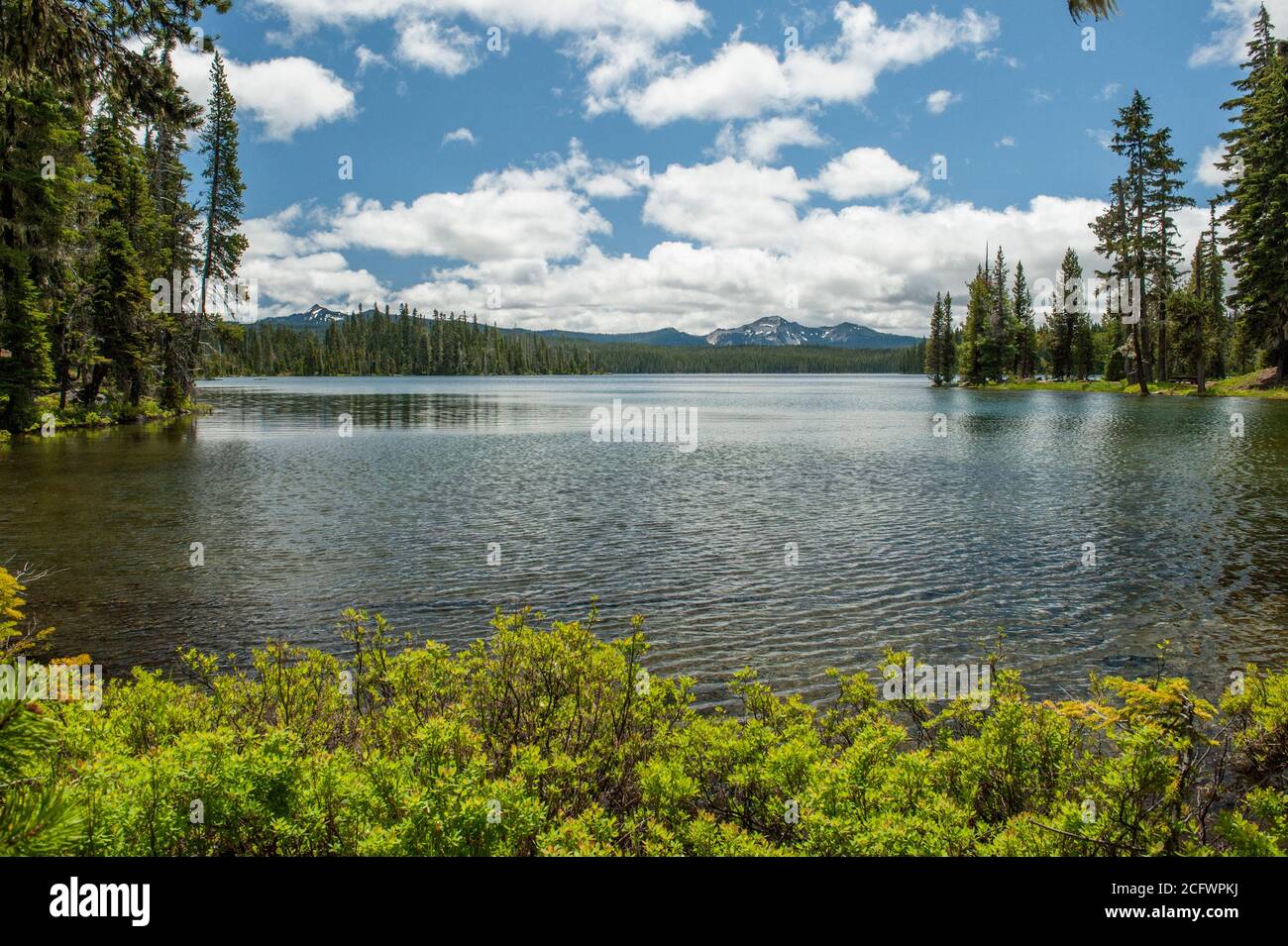 Oregon's Summit Lake, one of several large lakes at the top of the Cascades Range. Cowhorn Mountain is to the left; right of center is Sawtooth Mtn Stock Photo