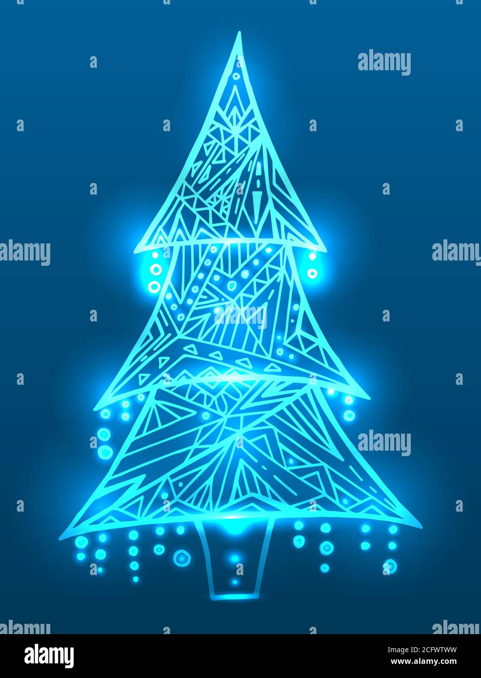 Christmas tree with doodle pattern and sparks. Boho pattern. Vector card for your creativity Stock Vector