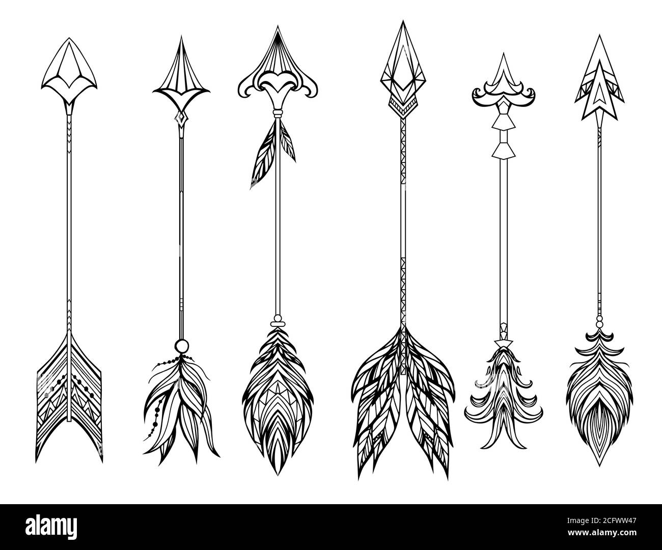 Set of boho arrows with different tips and plumage. Vector doodle ...