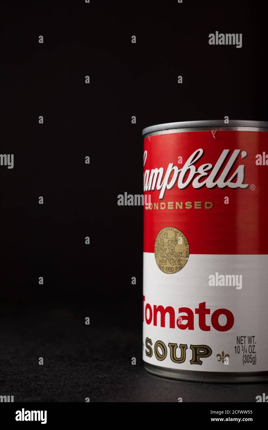Zaragoza, Spain - March 4, 2020: Close-up of a can of Campbell's condensed soup on a black table. Stock Photo