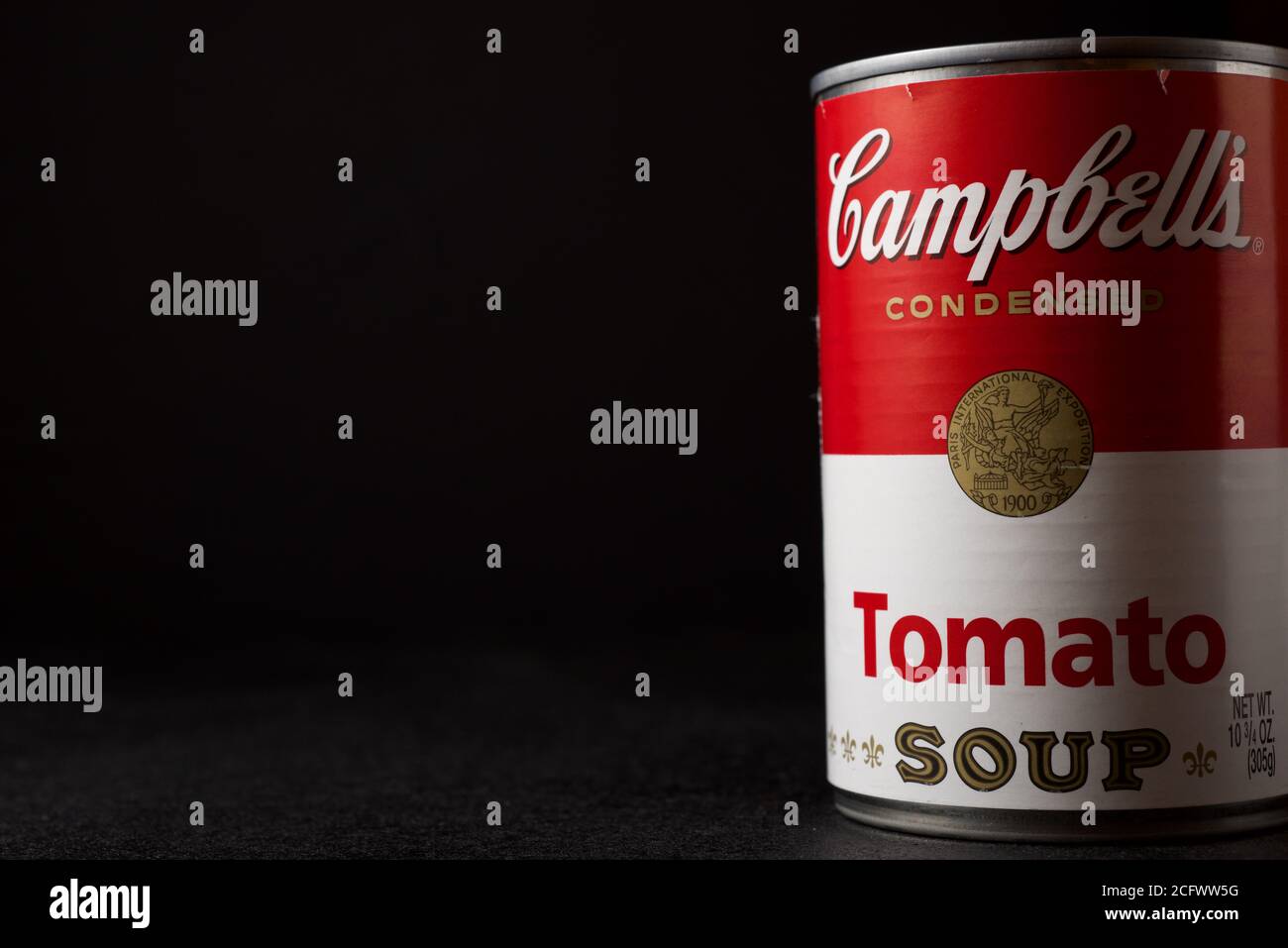Zaragoza, Spain - March 4, 2020: Close-up of a can of Campbell's condensed soup on a black table. Stock Photo