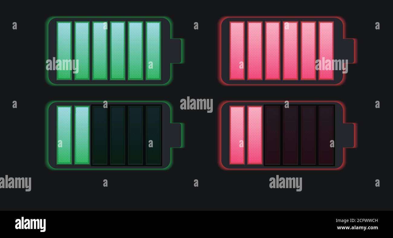 Set of various types of transparent batteries charge. Vector element for mobile phone interface, elements of the site and your design Stock Vector