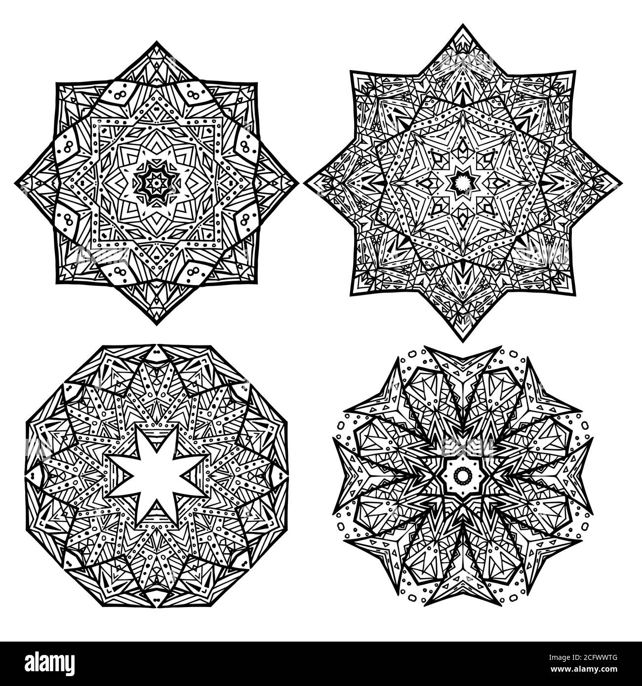 Set of black and white round mandalas snowflakes. Vector element for ...